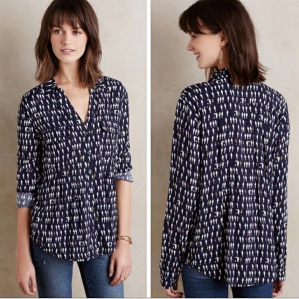 Anthropologie Blue and White Patterned Button Down Shirt